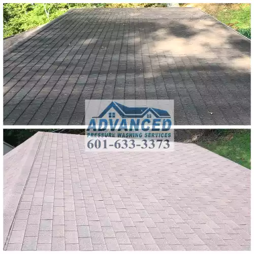 Before and after comparison of professional roof cleaning service results. Top image shows a dirty, moss-covered shingle roof with dark stains and algae growth. Bottom image displays the same roof after thorough pressure washing, revealing clean, uniform-colored shingles. The transformation highlights the effectiveness of expert roof maintenance, removing built-up grime, enhancing curb appeal, and potentially extending the roof's lifespan. This dramatic improvement demonstrates the value of hiring skilled technicians for roof restoration and preventative care.