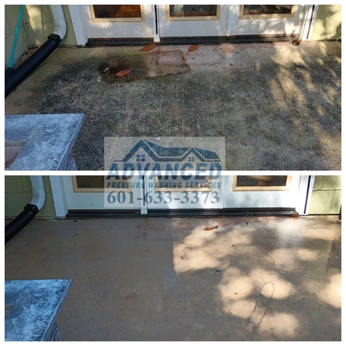 Before and after driveway pressure washing in Madison MS, showing dramatic transformation from dirty, moldy concrete to clean, bright surface