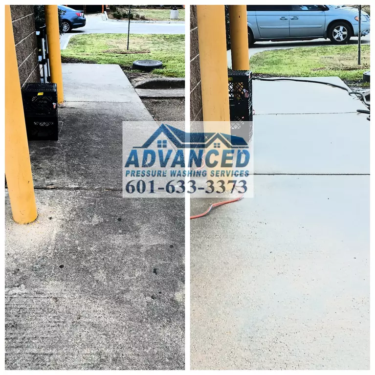 Before and after images of a commercial concrete sidewalk cleaning service performed by Advanced Pressure Washing Services LLC in Jackson, MS. The sidewalk cleaning used advanced techniques such as hot water pressure washing, steam cleaning, and degreasing to eliminate tough stains, dirt buildup, and weather-related wear. This service improves both the appearance and safety of the area, ideal for businesses looking to enhance curb appeal and create a welcoming, clean environment for customers.