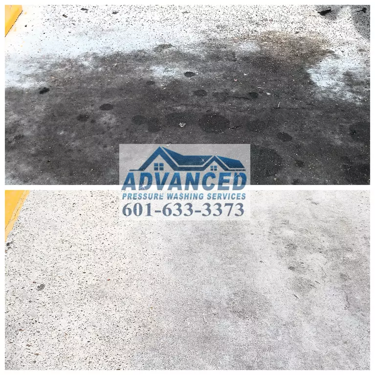 Advanced Pressure Washing Services demonstrates the power of professional concrete cleaning in Raymond, MS. This before-and-after image showcases our ability to revitalize heavily stained parking lots using advanced techniques like hot water pressure washing and eco-friendly degreasers. Improve your property's appearance, safety, and value with our commercial concrete cleaning services.