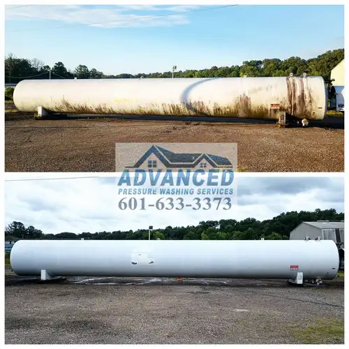 Side-by-side before and after image of a commercial gas tank with significant mildew and dirt stains. The top view shows dark green and black buildup, while the bottom photo reveals a fully cleaned tank surface with a bright white finish. This professional tank cleaning was completed by Advanced Pressure Washing Services, serving industrial and commercial sites across Mississippi. Their pressure washing process removes years of grime without damaging the surface. Restore your facility’s image with expert tank washing. Contact 601-633-3373 for service.