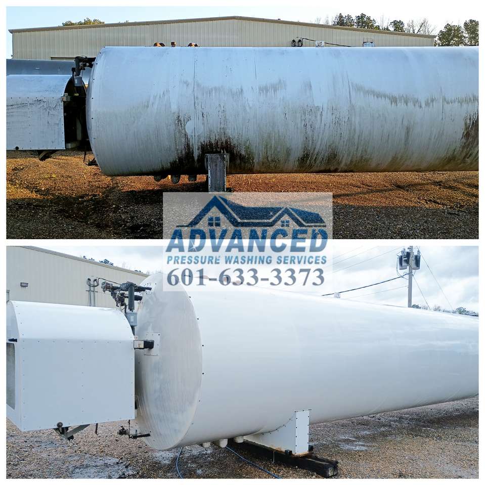 Before and after image of a large industrial propane or CO2 storage tank showing dramatic cleaning results. The top half displays heavy buildup of dirt, mildew, and surface stains across the tank body. In the after photo, the tank appears bright, white, and professionally restored using high-pressure washing techniques. This transformation was completed by Advanced Pressure Washing Services, a Mississippi-based company specializing in industrial tank cleaning. Facility managers and commercial gas suppliers can restore their tanks without repainting. For service inquiries, call 601-633-3373.